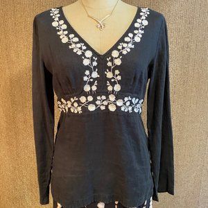 Loft Ann Taylor Black Linen Embroidered Blouse Sz. 10